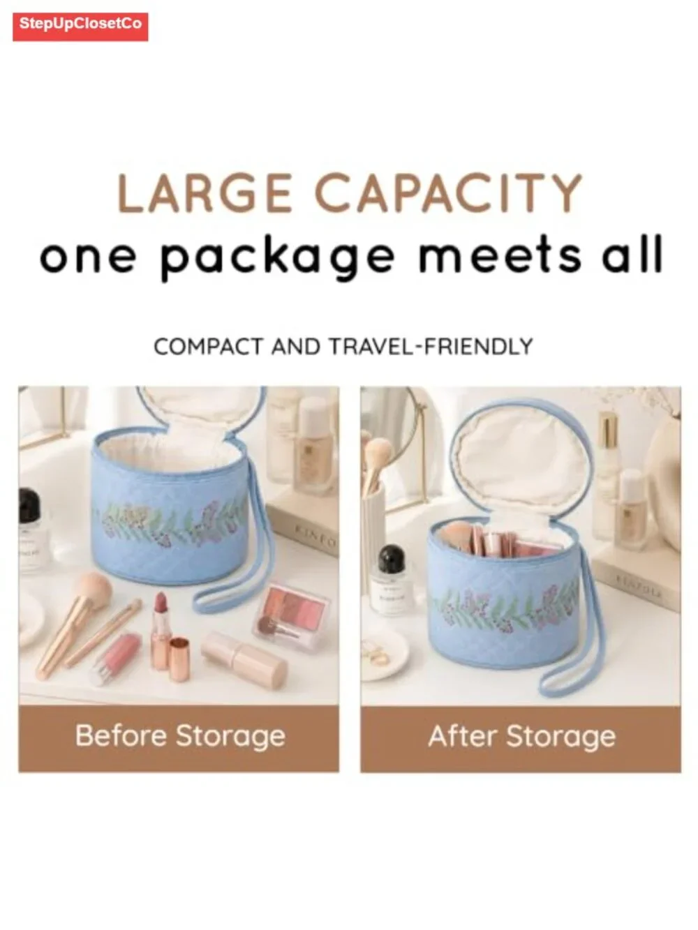 Linen Cosmetic Display Case Set of 2 Cylinder Travel Makeup Organizer with